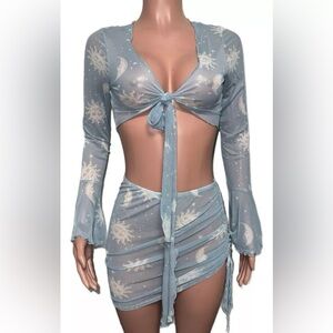 Moon And Stars Blue Semi Sheer Swim Cover Up Rave Tie Crop Top Mini Skirt Set